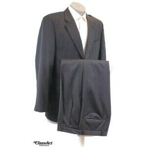 Albert Nipon 2 Piece Suit Mens Black Striped 2 Btn Wool 42L Pleated Fronts 36" W